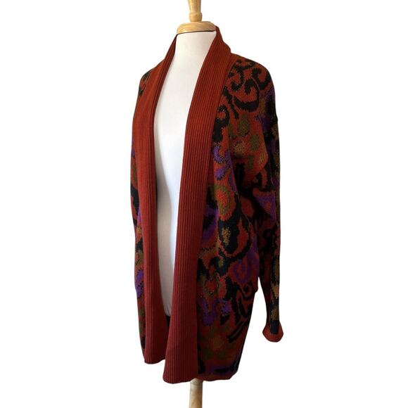 Accent Vintage Women L Open Long Cardigan Sweater Ikat Tawny Fall Metallic - Picture 3 of 8
